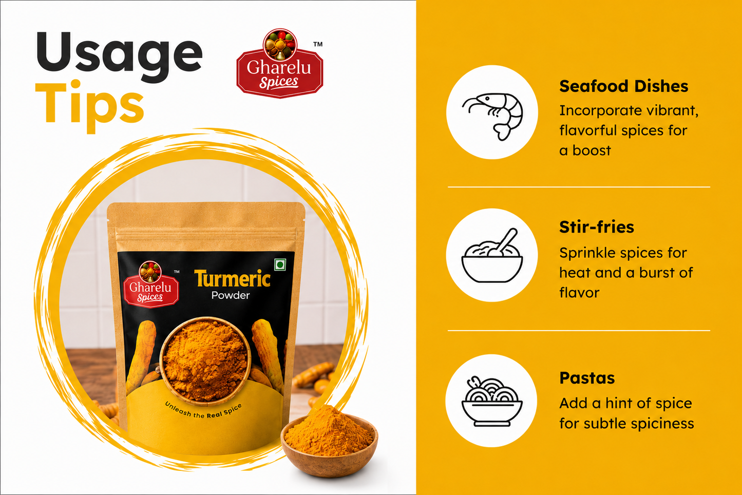 Gharelu Spices Turmeric Powder (Haldi Powder) | 100% Pure & Natural | Rich Aroma & Vibrant Color | No Added Preservatives | Kitchen Essential