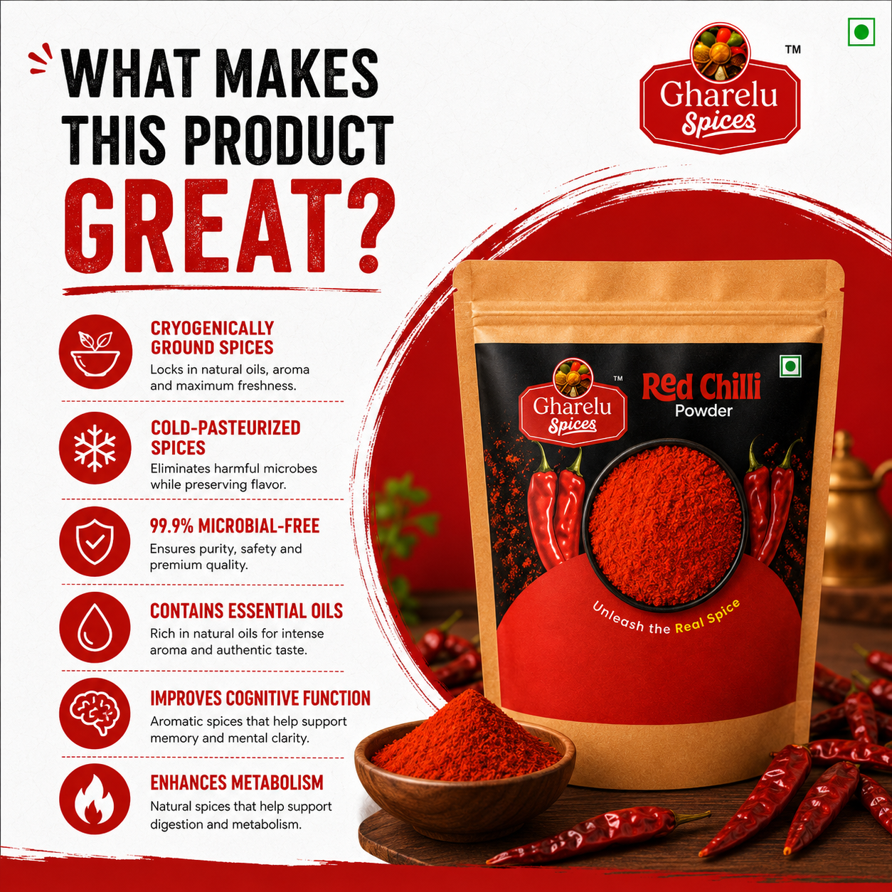 Gharelu Spices Red Chilli Powder | 100% Pure Lal Mirch Powder | Rich Color & Bold Flavor | No Added Preservatives | Premium Quality Spice