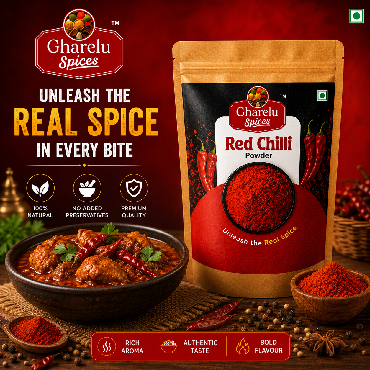 Gharelu Spices Red Chilli Powder | 100% Pure Lal Mirch Powder | Rich Color & Bold Flavor | No Added Preservatives | Premium Quality Spice