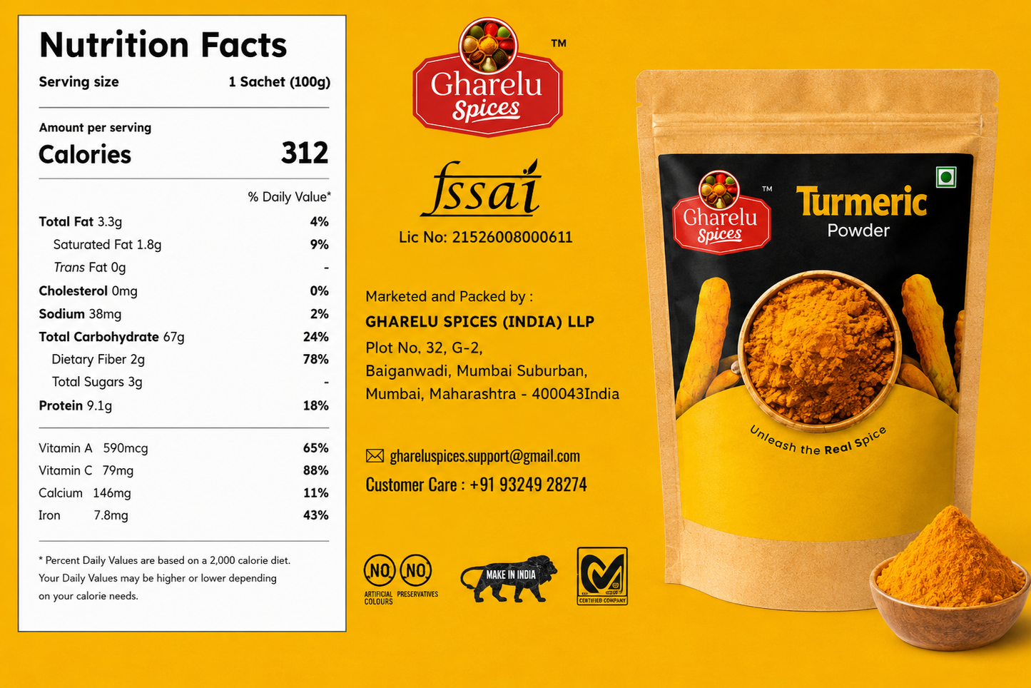 Gharelu Spices Turmeric Powder (Haldi Powder) | 100% Pure & Natural | Rich Aroma & Vibrant Color | No Added Preservatives | Kitchen Essential