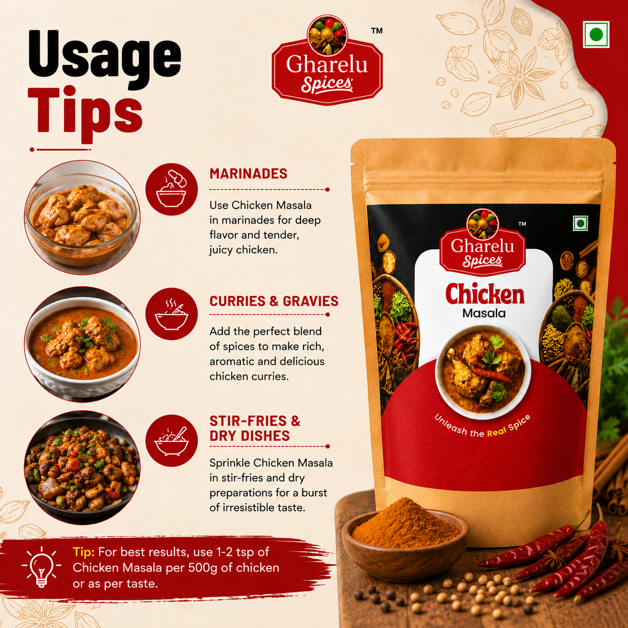 Gharelu Spices Chicken Masala | Premium Chicken Curry Masala | Rich Aroma & Authentic Taste | Blend of Traditional Indian Spices | No Added Preservatives