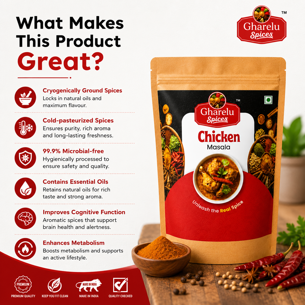Gharelu Spices Chicken Masala | Premium Chicken Curry Masala | Rich Aroma & Authentic Taste | Blend of Traditional Indian Spices | No Added Preservatives