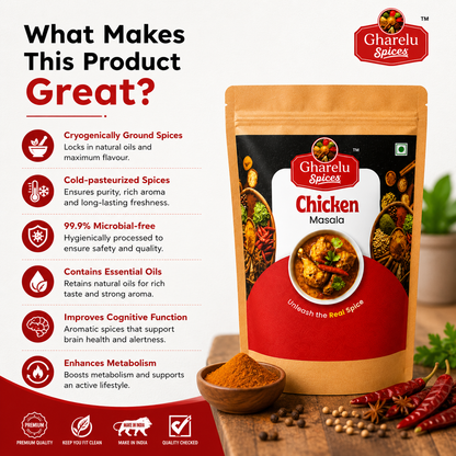 Gharelu Spices Chicken Masala | Premium Chicken Curry Masala | Rich Aroma & Authentic Taste | Blend of Traditional Indian Spices | No Added Preservatives