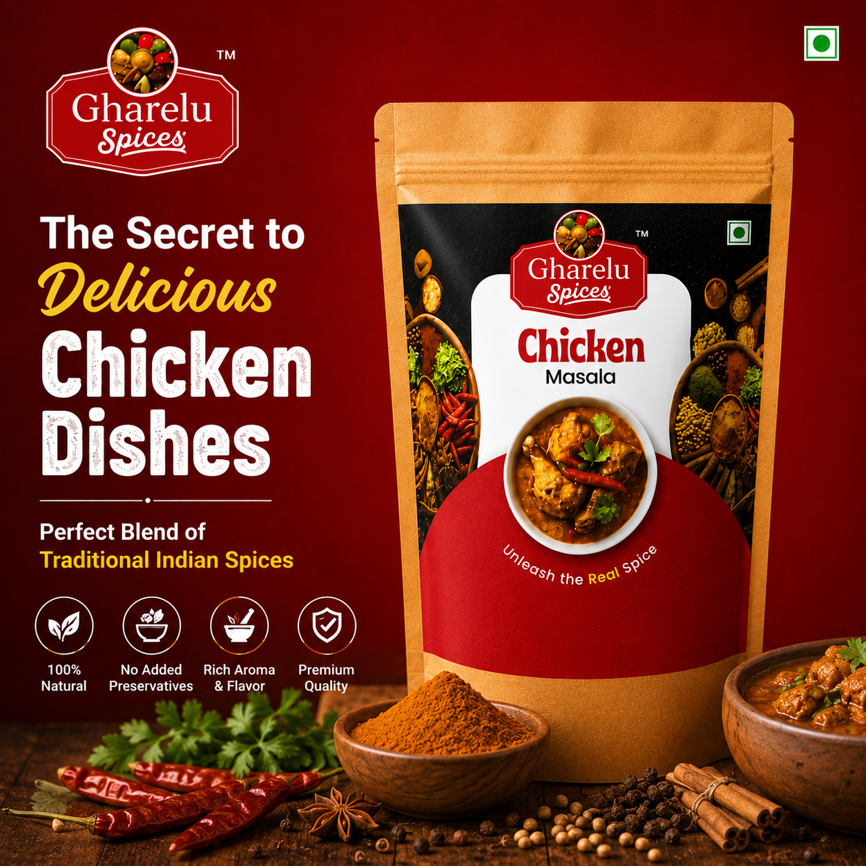 Gharelu Spices Chicken Masala | Premium Chicken Curry Masala | Rich Aroma & Authentic Taste | Blend of Traditional Indian Spices | No Added Preservatives